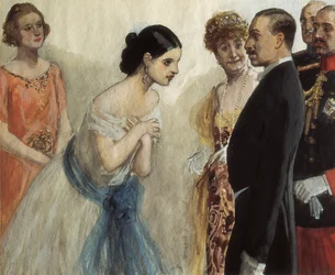 スペインのアルフォンソ (アルフォンセ) 13 世 (1886-1941) への女性の贈呈。 アドルフォ・ロサーノ・シドロ (1872-1935) の絵画、キャンバスに油彩。 プライベート コレクション。