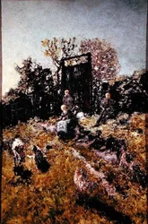 人物と山羊のいる風景」1866年以前（パネルに油彩）