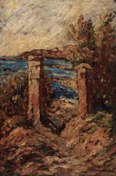 カシスの門、アドルフ・モンティチェリ作の海辺の風景 (1824-1886) 薄暗い 45x30 cm グロベ ラバディ美術館