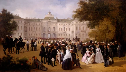 1840年、ストレルノ城の近くを散歩する日 Adolphe Ladurner (1798-1856)の絵