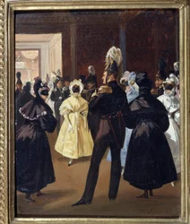 仮面舞踏会でのロシア皇帝アレクサンドル 1 世 (1777-1825) (仮面舞踏会でのアレクサンドル 1 世皇帝)。 19 世紀のロシア貴族の祝賀レセプション。 アドルフ・ラドゥルナー (1798-1856) の絵画、キャンバスに油彩、1830 年頃。 19 世紀のフランス美術
