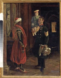 法廷でのシーン。 アドルフ・ラドゥルナー (1798-1856) の絵画、キャンバスに油彩、1840 年頃。 19 世紀のフランスの芸術。 国立ボロジノ戦争歴史博物館、モスクワ。