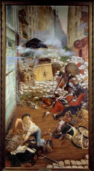 ガヴローシュにはバリケードがある ヴィクトル・ユーゴー（1802-1885）の「ミゼラブル」の挿絵。アドルフ・ウィレット（1857-1926）による絵画 19世紀のパリ、ヴィクトル・ユーゴーの家