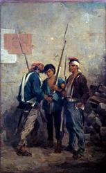 1848年の革命。「スローガン」 1848年2月24日、バリケードの近くで言葉を渡すパリの反乱軍。アドルフ・ピエール・ルルー（1812-1891）による絵画 1848年 日0,93x0,58 m