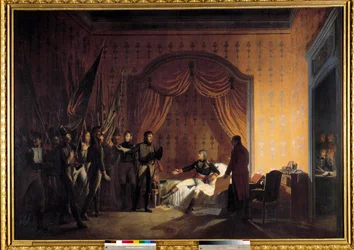 第一次イタリア遠征（1796-1797年）。「ナポレオン・ボナパルト（1769-1821）がミレシモで、マルモン将軍とジャン・アンドーシュ・ジュノ（ジャン・アンドーシュ）（1771-1813）からモンテノッテの戦いとコッサリアの攻略で奪ったオーストリア国旗を受け取る。