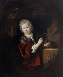 ヘラクレス像の傍らでインコを抱く少年の肖像