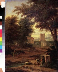 巡礼者のいるイタリアの風景 Adriaen Frans Boudewijns (1644-1711) の絵画 プーシキン美術館、モスクワ