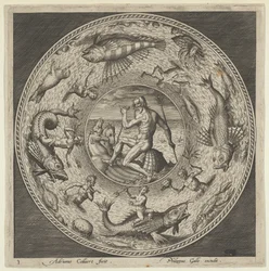 ...、c1600 に縁取られたメダリオンに馬が描いた貝殻にネプチューンを描いたプレートのデザイン。