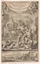 フランスの改革派教会が惨劇の男に襲われる タイトル ページ: E. ベノイスト、Historie der Reformeerde Kerken van Vrankrijk、1696 年