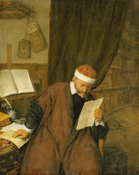手紙を読んで机に座った弁護士、向こうの図書館、1668