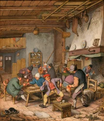 酒を飲み、喫煙し、バックギャモンをする農民のいる旅館の部屋 - Adriaen Jansz van Ostade (1610-1685) による作品 紙に鉛筆、チョーク、水彩