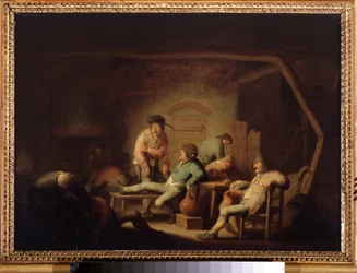 旅館のシーン。 （居酒屋シーン）。 Adriaen Jansz van Ostade (1610-1685) による絵画、1635 年頃。オランダの学校、バロック様式。 木に油彩。 プーシキン美術館、モスクワ。