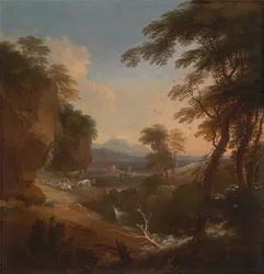 遠方の山々のある風景、カリフォルニア州。 1698年。