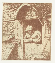 一番下のドアにもたれる農夫 家のドアの農夫