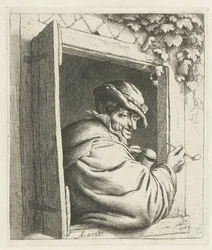 窓の開口部で喫煙農民 窓辺の喫煙者