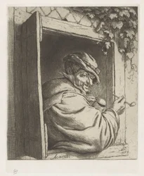 窓の開口部で喫煙農民