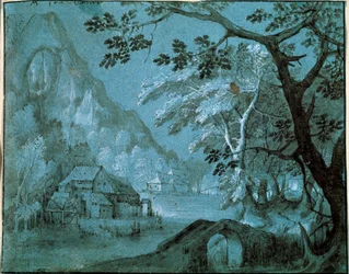 山の湖、c1610-c1620sのミルのある風景