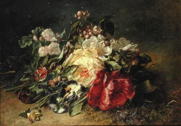 薔薇とパンジーのある静物画（油彩・キャンバス）