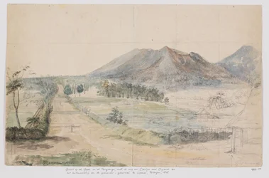 火山 Gedé と Pangrango、Cianjur-Cipanas 道路、Cipanas、プリアンガン、西ジャワの総督の田舎の邸宅の眺め