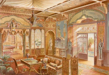 アッシリア風のゲームルーム、1893～94年頃に出版された「La Decoration Interieure」のイラスト（カラーリソ）