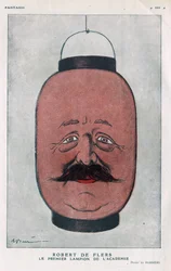 Robert Pelleve de La Motte-Ango (Motte Ango), Marquis de Flers, French playwright (1872-1927).アカデミーの最初のランタン）。1921年6月の「ファンタジオ」に掲載されたバレールの漫画。