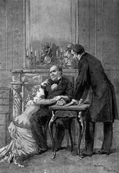 歌劇の表現：オーギュスト・ヴァクリー（1819-1895）による「ジャン・ボードリー」の第1幕、メレ・ベルテ（アンドレ）、M・バール（ブリュエル）、エドモンド・ゴット（1822-1901）（ジャン・ボードリー）が出演。パリ、コメディ・フランセーズ