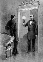 Representation theatrale : 4eme acte de "Jean Baudry" par Auguste Vacquerie (1819-1895) avec Gustave Hippolyte Worms (1836-1910) (Olivier), Edmond Got (1822-1901) (Jean Beaudry).パリ、コメディ・フランセーズ