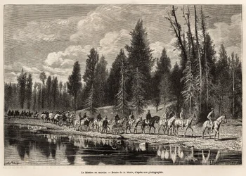1870年から1872年にかけて、ヘイデン氏、ドーン氏、ラングフォード氏がアメリカ国立公園内で行った一連の地理的任務を示す、A.マリー氏の絵の後に彫られた、ヘンリー川沿いのヘイデン山へ向かう地理的任務の全体像。