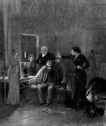 演劇的表現。アルフォンス・ドーデ（1840-1897）とH.ラフォンテーヌによる「ジャック」の第5幕、ミス・シソス（セシル）、M.ポレル（ライバル博士）、M.シェルズ（ジャック）、ミス・モンタランド（アイダ・ド・バランシー）。パリ、オデオン座