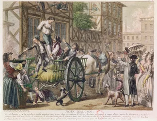 1774年1月25日、ボストンの大衆によるジョンマルコムの懲罰、1785年頃（カラー彫刻）