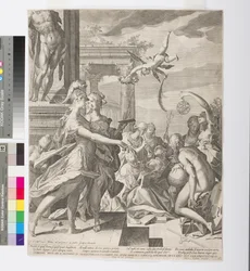 アテナがミューズの間で絵画を紹介、c.1603（エッチングと彫刻）