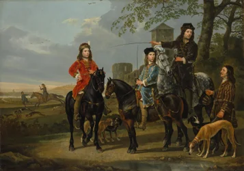 CornelisとMichiel Pompe van Meerdervoortの家庭教師とコーチマンの乗馬ポートレート、狩りの始まり、c.1652-53
