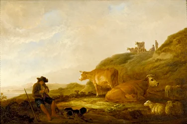 牧草地で牛と羊と一緒に座っている羊飼い、c1644