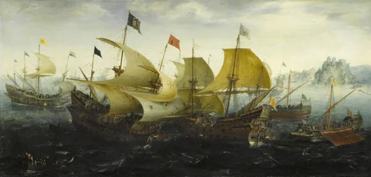 カディスのオランダとイギリスの船の戦いがスペインの無敵艦隊を攻撃する、1608