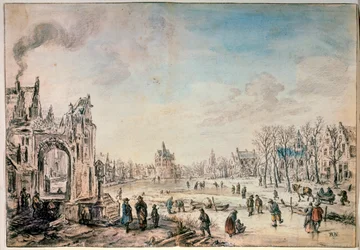 スケーターのいる冬の風景、17世紀のオランダ絵画