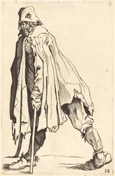 松葉杖と帽子をかぶった乞食