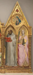 聖ベルナルドとアレクサンドリアの聖カタリナ、受胎告知の聖母とともに[右のパネル] 1387年以前（ポプラ材パネルにテンペラ画）