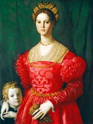 若い女性と彼女の小さな男の子、c.1540（パネルに油彩）