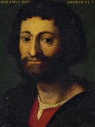 ネムール公ジュリアーノ・デ・メディチ（1479-1516）の肖像」 アグノロ・ブロンジーノ作 油彩・キャンバス
