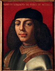 メディチ家のピーター2世（1472-1503）の肖像（ピエロ・ディ・ロレンツォ・デ・メディチまたは不幸なピエロ） イタリアの政治家・軍人で、ローラン豪胆王の息子 ブロンジーノと呼ばれるアグノロ・アローリの絵画（1503-1572） 銅に油彩 Dim 15x12 cm Palazzo M