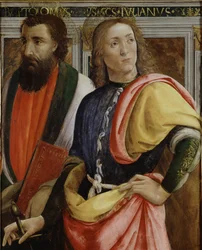 Sts BartholomewとJulian the Hospitaler（パネル上のテンペラ、オイル、ゴールド）