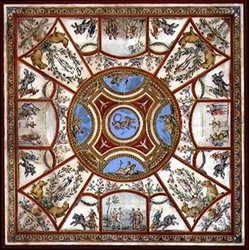 ダービーシャー州ケドルストーン・ホールのペインテッド・ブレックファスト・ルームの天井デザイン、1760年頃（紙にペンとインク、水彩画）