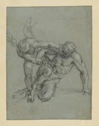 パンを圧倒するキューピッド（レクト）；修道士の頭部；横顔の男の風刺画（裏面）