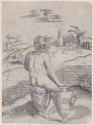 花瓶の近くに座っている女性、カリフォルニア州。 1514-36。