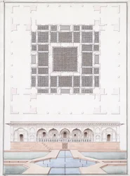 1830年頃、ディグのスラジュバワンの南正面と庭園宮殿の標高（鉛筆、ペン、灰色のインクと水彩）