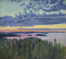 湖に沈む夕日。