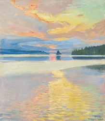 ルオヴェシ湖に沈む夕日、c. 1915年（キャンバスに油彩）