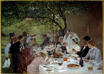 イポールの婚礼の食事、アルベール・フーリエ（1854-1937）による絵画、1886年、太陽、3.89 x 2.53 m、ルーアン、ボザール美術館
