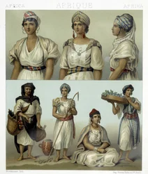 カビル族の女性の衣装と頭飾り（上）。チュニジアとアルジェリアの衣装（下）。Racinetによる「Le costume historique」のイラスト