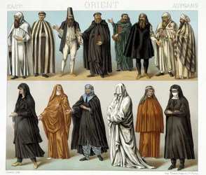 19世紀の中東における修道士や宗教者のコスチューム。ラシネの「Le costume historique」に掲載されたイラスト
